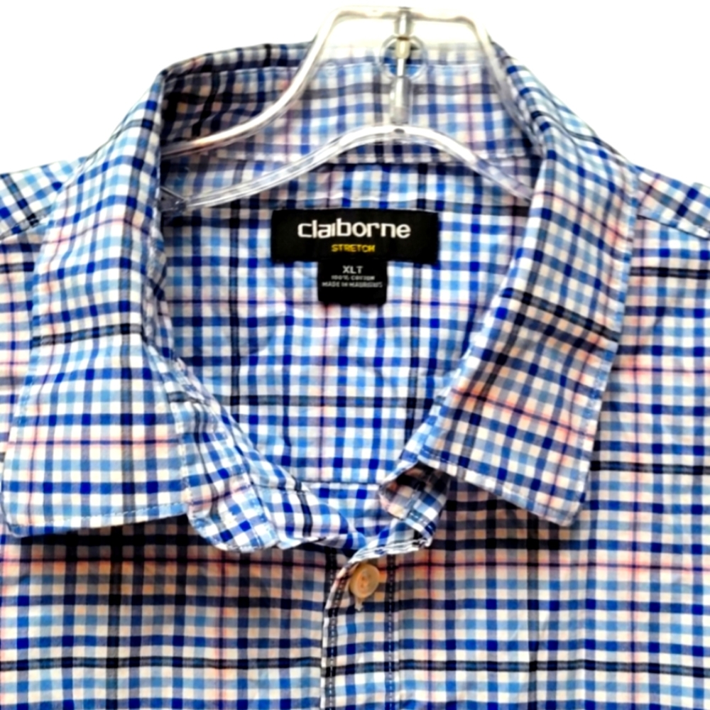 CLAIBORNE | Stretch Blue Plaid Buttondown Shirt, XLT